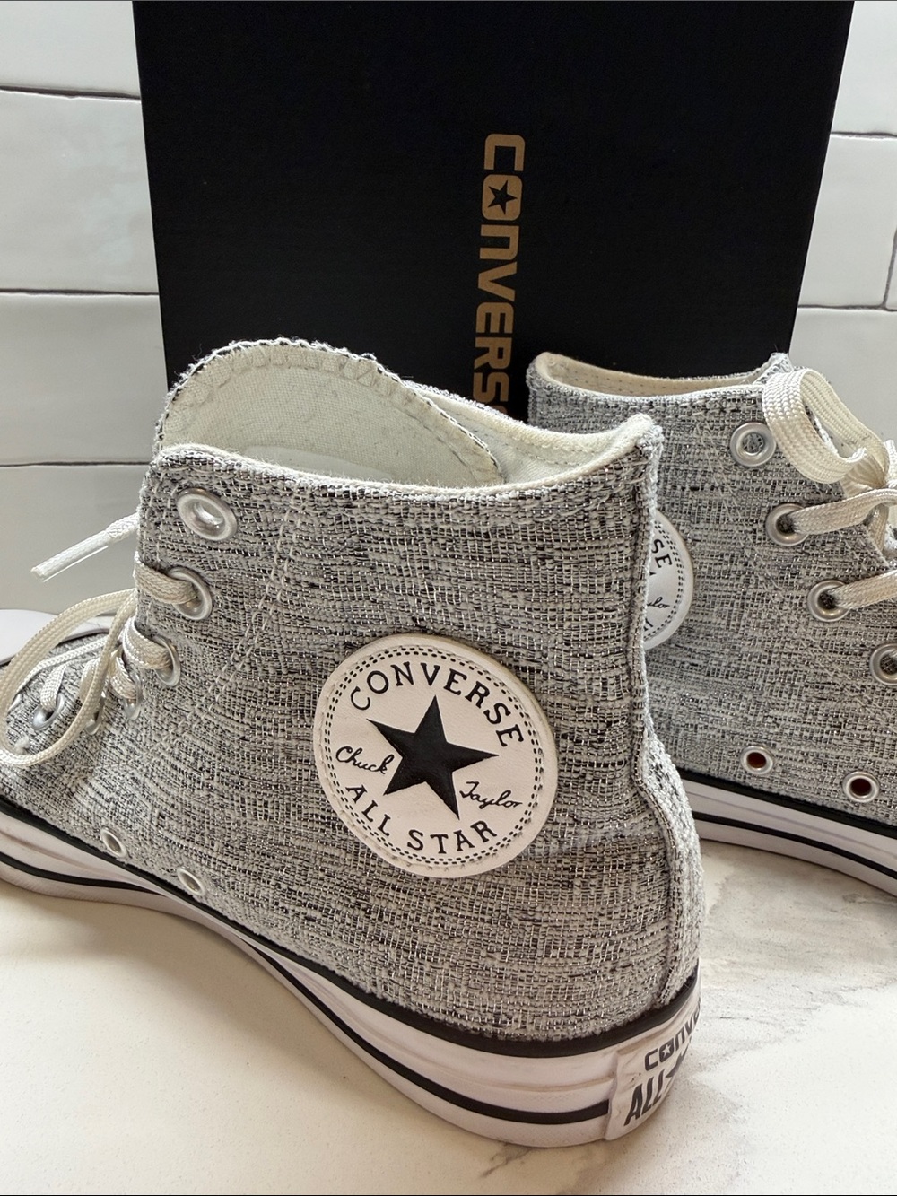 Converse Sparkle Knit High Top Sneakers in Heather Gray and White - Picture 3 of 4